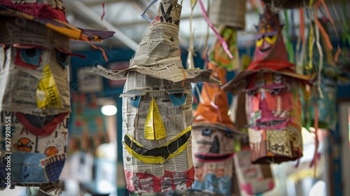 A playful paper mache piÃ±ata crafted from recycled newspaper.
