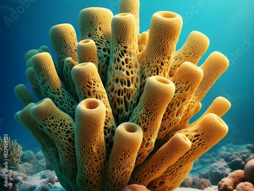 bright image of a yellow sponge animal colony around sand and coral reefs in the sea bottom