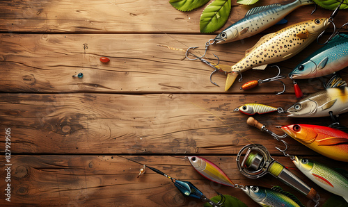 Rustic Fishing Gear on Wooden Surface photo