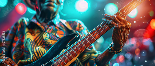 A close-up of a cheerful bassist, fingers plucking the strings, detailed instrument and expressive face, vibrant stage background photo