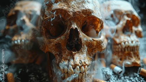 Human skulls with smoke symbolizing death, danger, and the concept of smoking's harm photo