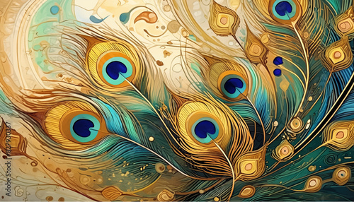 Peacock feathers background. Abstract vector image, full screen. Gold, turquoise and blue on beige surface, painted style.