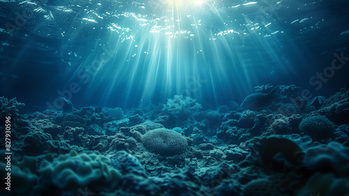 underwater scene with coral reef and fishes photo