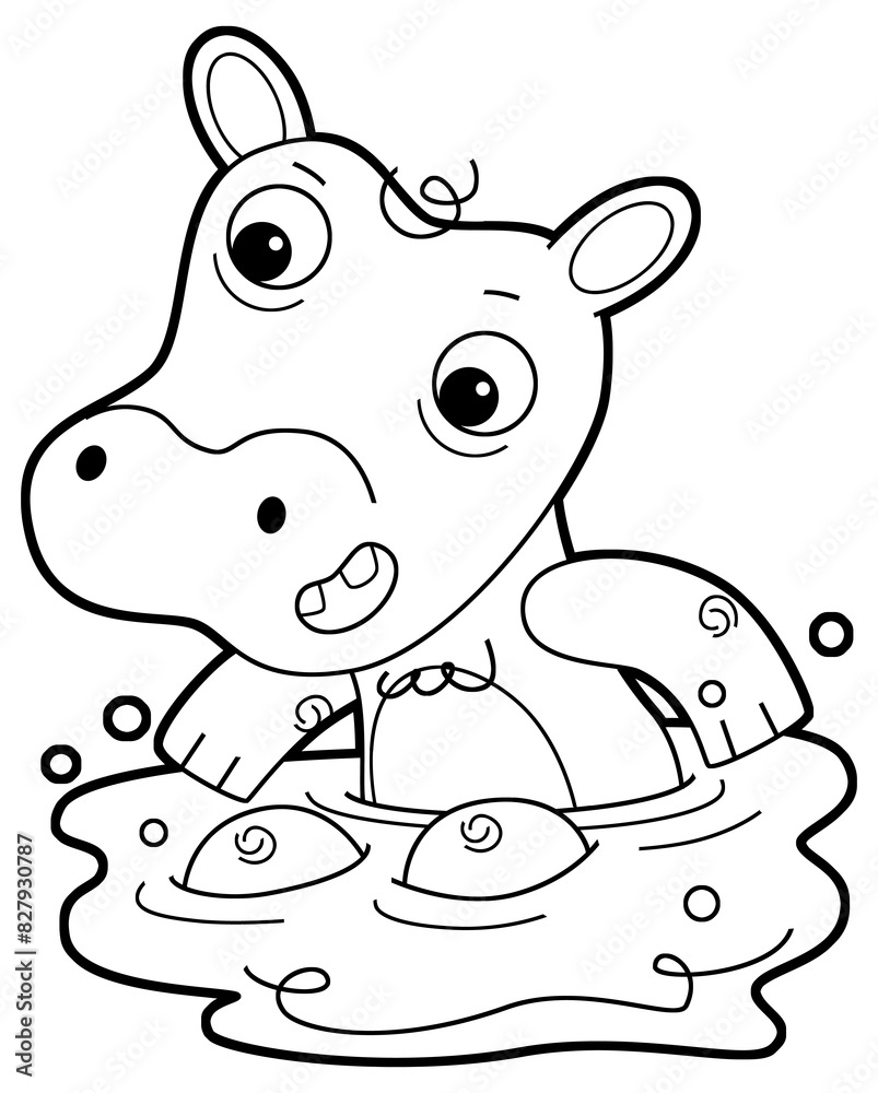 Fototapeta premium cartoon scene with happy and funny young hippo hippopotamus like kindergarten kid or child having fun isolated background illustration sketchbook drawing sketch