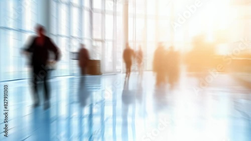 Blurred in motion diverse team of business people in a light and modern office building, blurred animated background