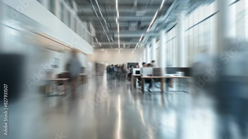 Blurred in motion diverse team of business people in a light and modern office building, blurred animated background
