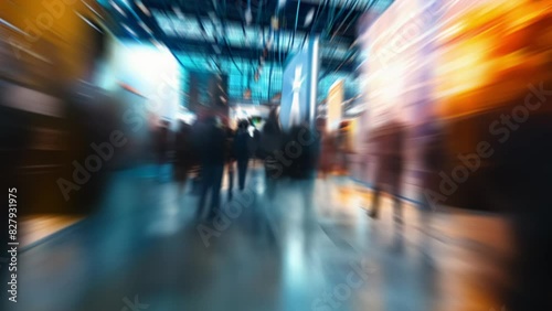 Blurred in motion diverse team of business people in a light and modern office building, exibition, blurred animated background