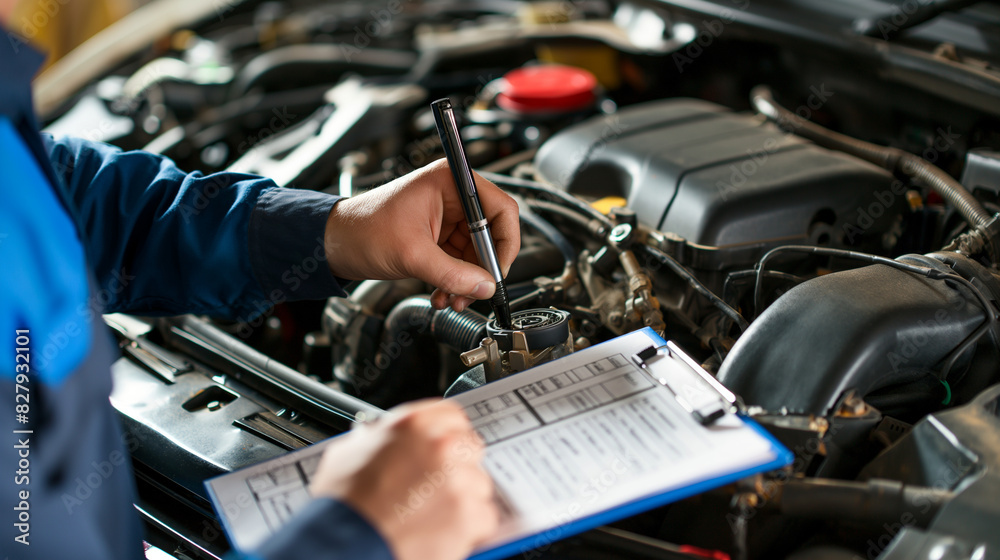 Repairman holding a pen and clipboard, listing repairs needed for the open car engine, with close-up details of mechanical parts Repairman holding a pen and clipboard, listing repairs needed for the open car engine, with close-up details of mechanical parts