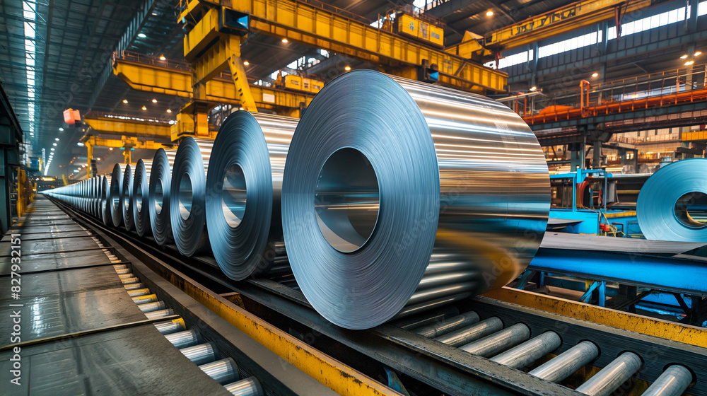 Detailed shot of galvanized steel coils on conveyor belts, workers and heavy machinery in the bustling factory environment Detailed shot of galvanized steel coils on conveyor belts, workers and heavy machinery in the bustling factory environment