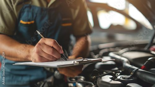 Close-up of a car repairman writing on a clipboard, focusing on the checklist with the open engine behind him