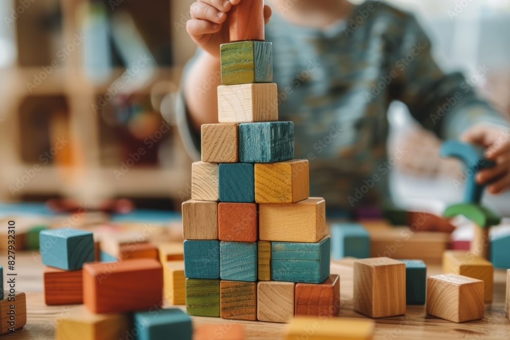 Child Playing with Wooden Blocks, Focused on Building and Creativity, Outdoor Playtime and Learning, Blurred Background with Sunlight