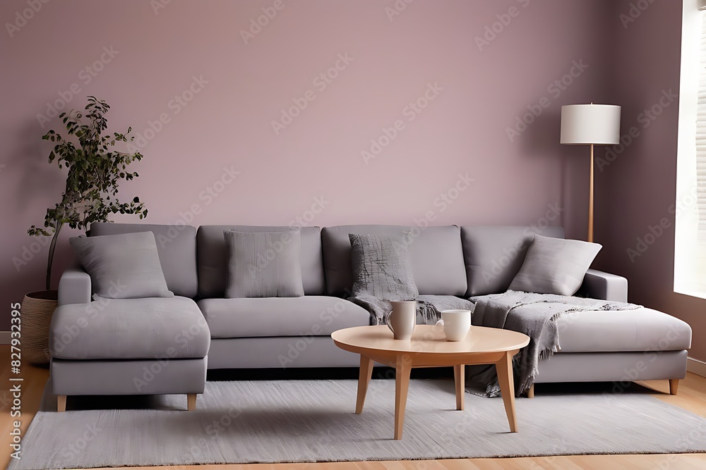 Luxury Living Room in Warm Colors: Elegant Brown Beige Walls, Light Gray Furniture, Microcement Art Background, Rich Interior Design, 3D Office Reception Mockup