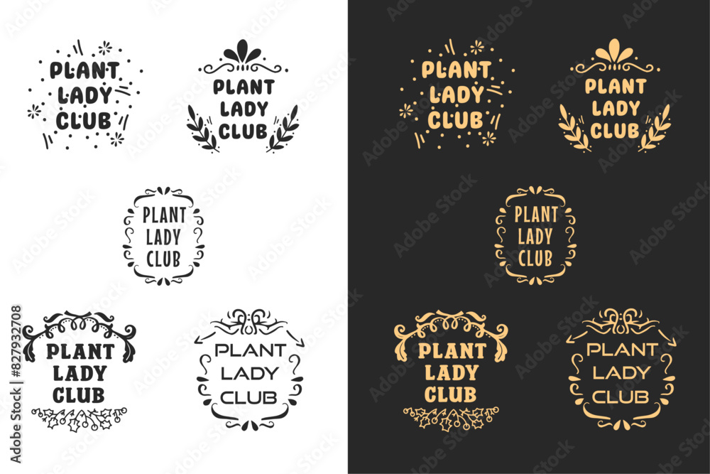 Plant lady club lettering badge logo gardening workshop set. Boho retro house pot plant aesthetic. Plant lover squad quotes gardener gifts. For t-shirt design, sticker and print vector