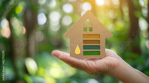 A hand carefully presenting a house icon adorned with an energy efficiency scale image, advocating for the adoption of eco-conscious and bioenergetic home designs photo