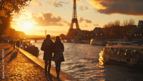 Lovers Walking Along Seine River at Sunset, Eiffel Tower in Background, Paris Romance