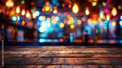 Wooden Table Top with Blurred Night Lights in the Background