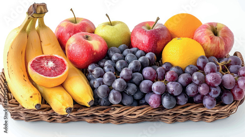 Large wicker basket with fruit. Apples, bananas, grapes, pears, tangerines, oranges, kiwis in a still life. Fresh fruits, berries, vitamin complex. Fructose, vitamin C, fruit composition.	