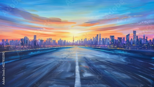 Abstract Cityscape with Modern Skyline and Vibrant Sunset Colors