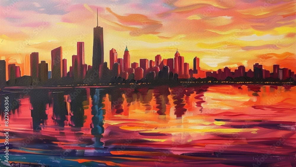 Modern City Skyline with Skyscrapers at Sunset, Abstract Urban Landscape with Silhouettes and Reflections, Vibrant Orange Sky Modern City Skyline with Skyscrapers at Sunset, Abstract Urban Landscape with Silhouettes and Reflections, Vibrant Orange Sky