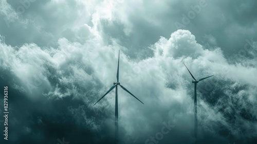 Wind turbines on a cloudy sky background with space for text