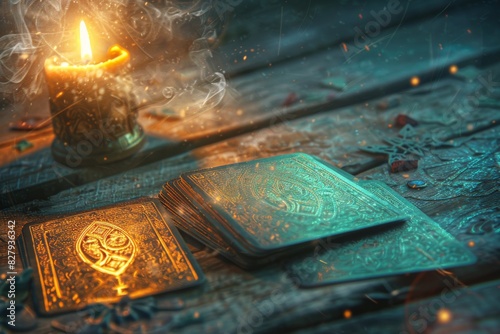 Tarot cards with intricate designs are accompanied by a burning candle and swirling smoke, set against a wooden backdrop