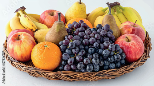 Large wicker basket with fruit. Apples, bananas, grapes, pears, tangerines, oranges, kiwis in a still life. Fresh fruits, berries, vitamin complex. Fructose, vitamin C, fruit composition.	