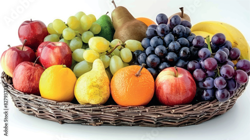 Large wicker basket with fruit. Apples, bananas, grapes, pears, tangerines, oranges, kiwis in a still life. Fresh fruits, berries, vitamin complex. Fructose, vitamin C, fruit composition.	