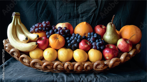 Large wicker basket with fruit. Apples, bananas, grapes, pears, tangerines, oranges, kiwis in a still life. Fresh fruits, berries, vitamin complex. Fructose, vitamin C, fruit composition.	