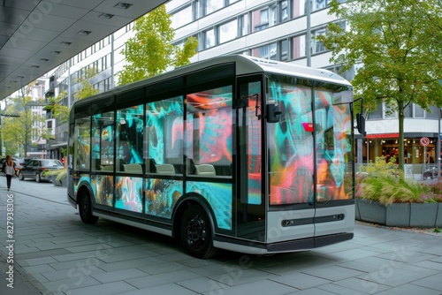 Modern autonomous shuttle bus with colorful exterior design, providing a futuristic public transport solution in a cityscape at dusk