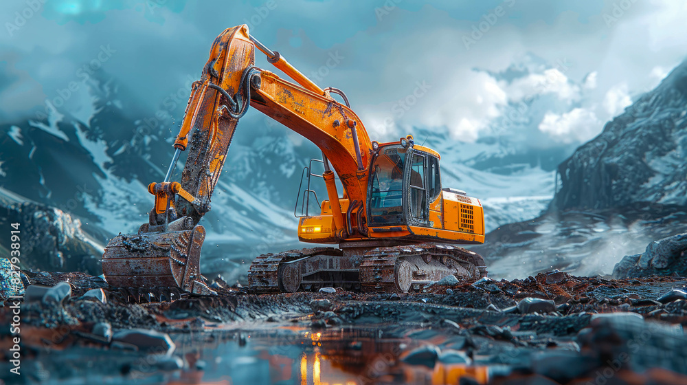 Excavator at work on a construction site. Backhoe digs a trench for laying sewer pipes Excavator at work on a construction site. Backhoe digs a trench for laying sewer pipes