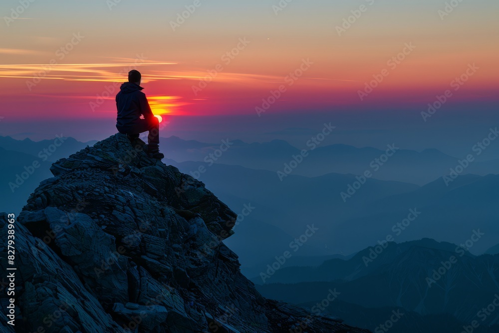 Hiker Watching Sunset from Mountain Peak. Silhouetted hiker sitting on a mountain peak, gazing at a colorful sunset over a vast, misty landscape.