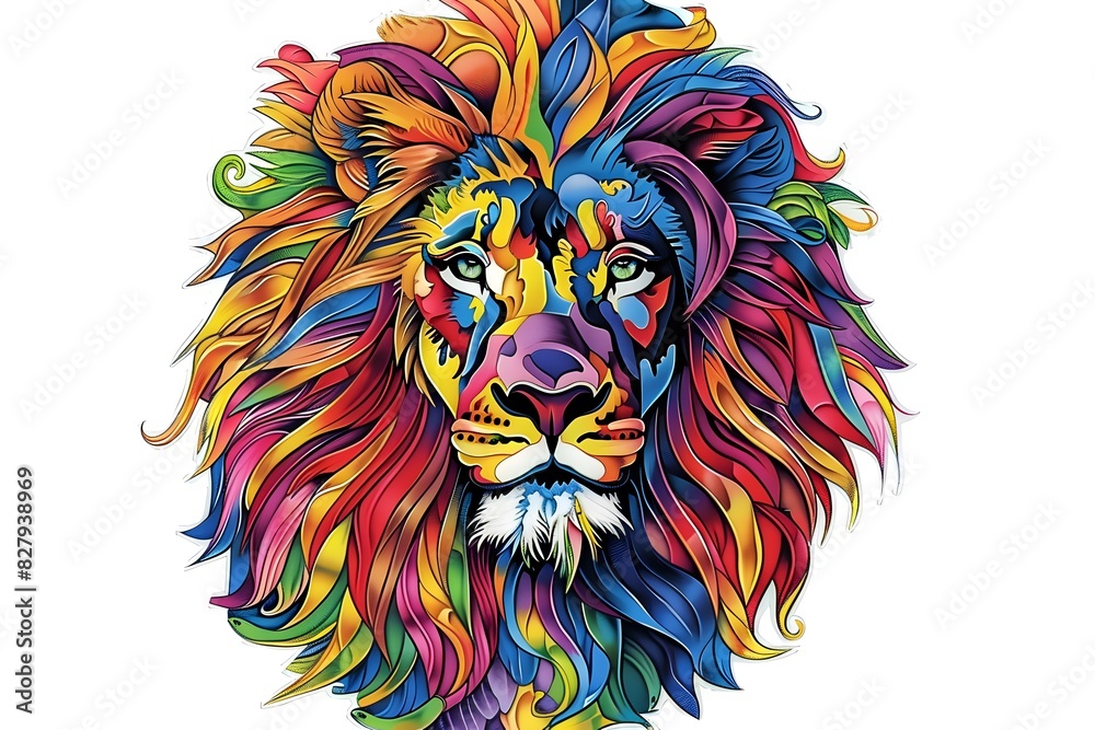 Lion, the head of a lion in a multi-colored flame. Abstract multicolored profile portrait of a lion head on a White background.