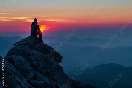 Hiker Watching Sunset from Mountain Peak. Silhouetted hiker sitting on a mountain peak, gazing at a colorful sunset over a vast, misty landscape.