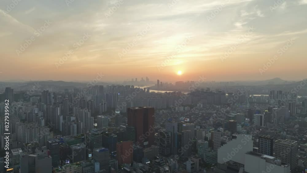 Drone View of Seoul city in South Korea, Gangnam, Sunset, Summer Drone View of Seoul city in South Korea, Gangnam, Sunset, Summer