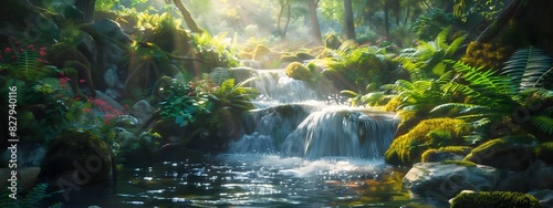 Idyllic Waterfall in Sunlit Green Forest Scenic Paradise
