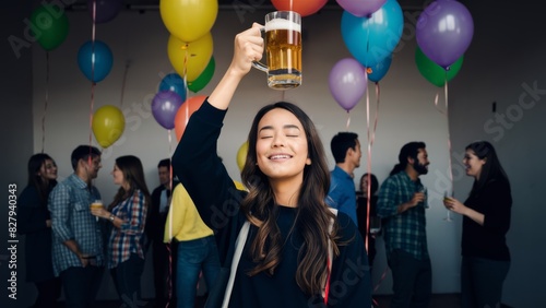 A woman holding a glass of beer in the air with balloons  AI
