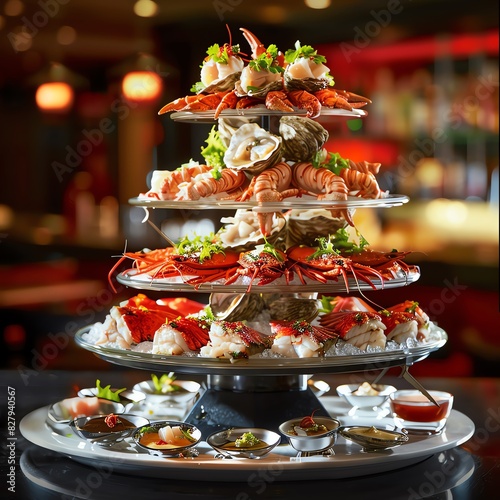 A tower of fresh seafood including lobster, crab, shrimp, and oysters on ice with lemon wedges and cocktail sauce.