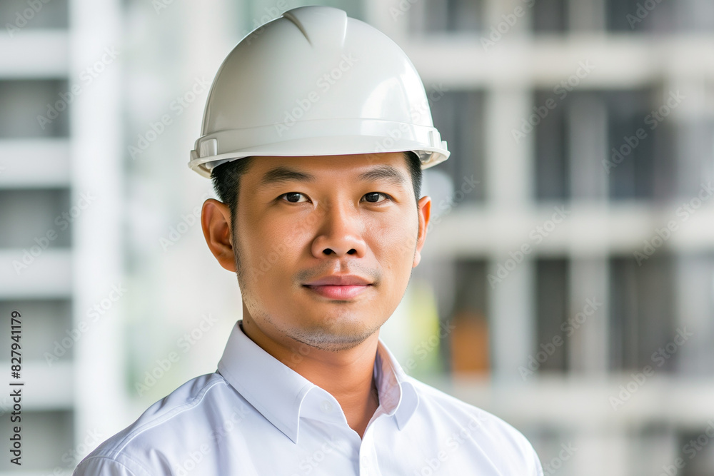 Portrait of a civil engineer in professional attire, wearing a safety helmet and holding blueprints. The engineer stands confidently on a construction site with machinery and structures Portrait of a civil engineer in professional attire, wearing a safety helmet and holding blueprints. The engineer stands confidently on a construction site with machinery and structures