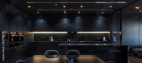 Dark kitchen interior featuring chic black matte finishes  recessed lighting  and a minimalist black dining area creating a sophisticated and stylish atmosphere