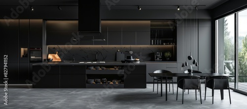 Dark kitchen interior featuring chic black matte finishes, recessed lighting, and a minimalist black dining area creating a sophisticated and stylish atmosphere photo