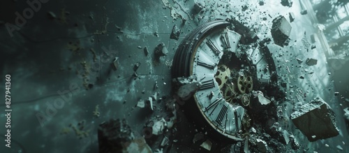 Broken clock gears in debris. A broken clock with exposed gears, surrounded by debris, symbolizing the passage of time and decay, in a dark setting. Banner with copy space