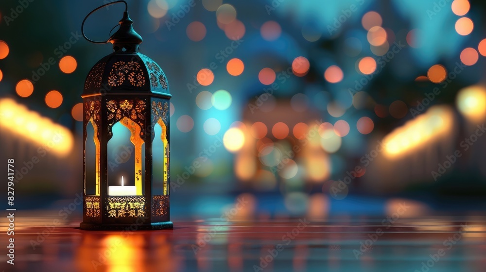 islamic lantern with a blurred mosque background for Ramadan Kareem wallpaper