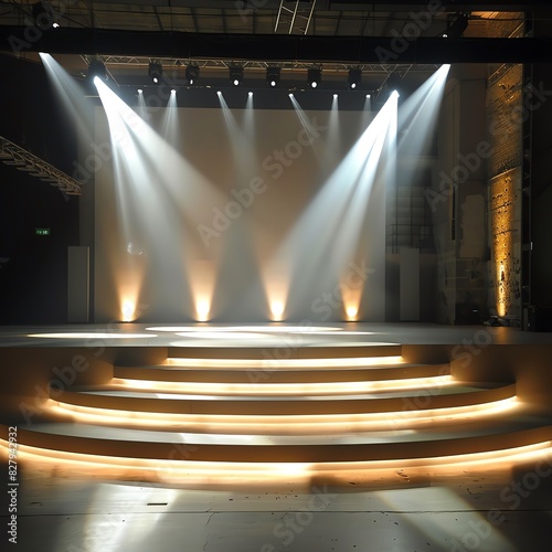 The photo shows an empty stage with bright lights shining down from above. photo