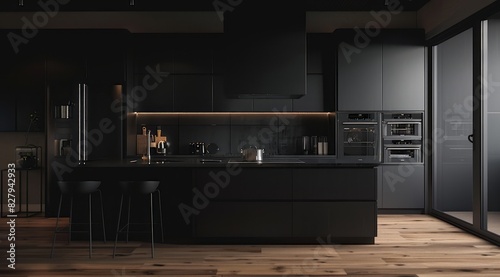 Dark kitchen interior with sophisticated black stainless steel appliances  dark oak flooring  and a clean  minimalist design creating a luxurious and modern atmosphere