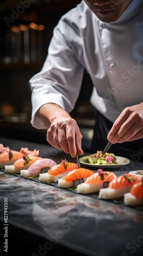 A skilled chef expertly prepares sushi on a black counter  showcasing the meticulous craftsmanship and artistry involved in the process.