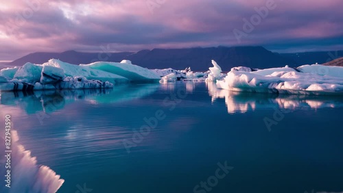 Aerial Drone Flight Over Iceberg Pieces Melting In A Beautiful Ice Lake Majestic Sunset Climate Change Extreme Adventure Concept