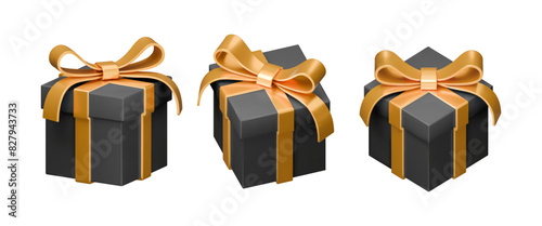 3d black gift box with golden bow vector illustration set. Realistic render gift box collection
