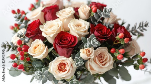 Florist at work: hands beautiful woman making bouquet of roses on work grey desk. Kraft paper, scissors, greeting envelope on desk. Top view. Flat composition.