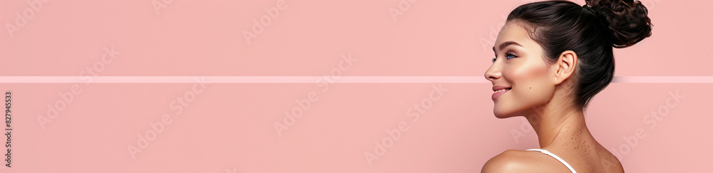 A beautiful woman smiling, featured on a banner for a beauty clinic website with a neutral background in pink tones. This image is perfect for use in beauty clinic promotions, website banners A beautiful woman smiling, featured on a banner for a beauty clinic website with a neutral background in pink tones. This image is perfect for use in beauty clinic promotions, website banners