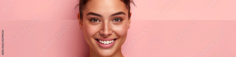 A beautiful woman smiling, featured on a banner for a beauty clinic website with a neutral background in pink tones. This image is perfect for use in beauty clinic promotions, website banners A beautiful woman smiling, featured on a banner for a beauty clinic website with a neutral background in pink tones. This image is perfect for use in beauty clinic promotions, website banners